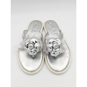 Chanel Camellia flower silver leather sandal 39